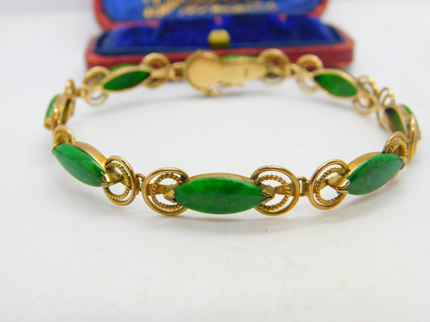 14ct Yellow Gold & Green Jade Set Rope Form Panel Bracelet Antique c1940