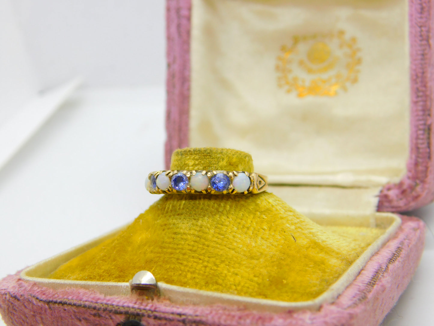 9ct Yellow Gold, Amethyst & Opal Half Eternity Ring Vintage 1978 London