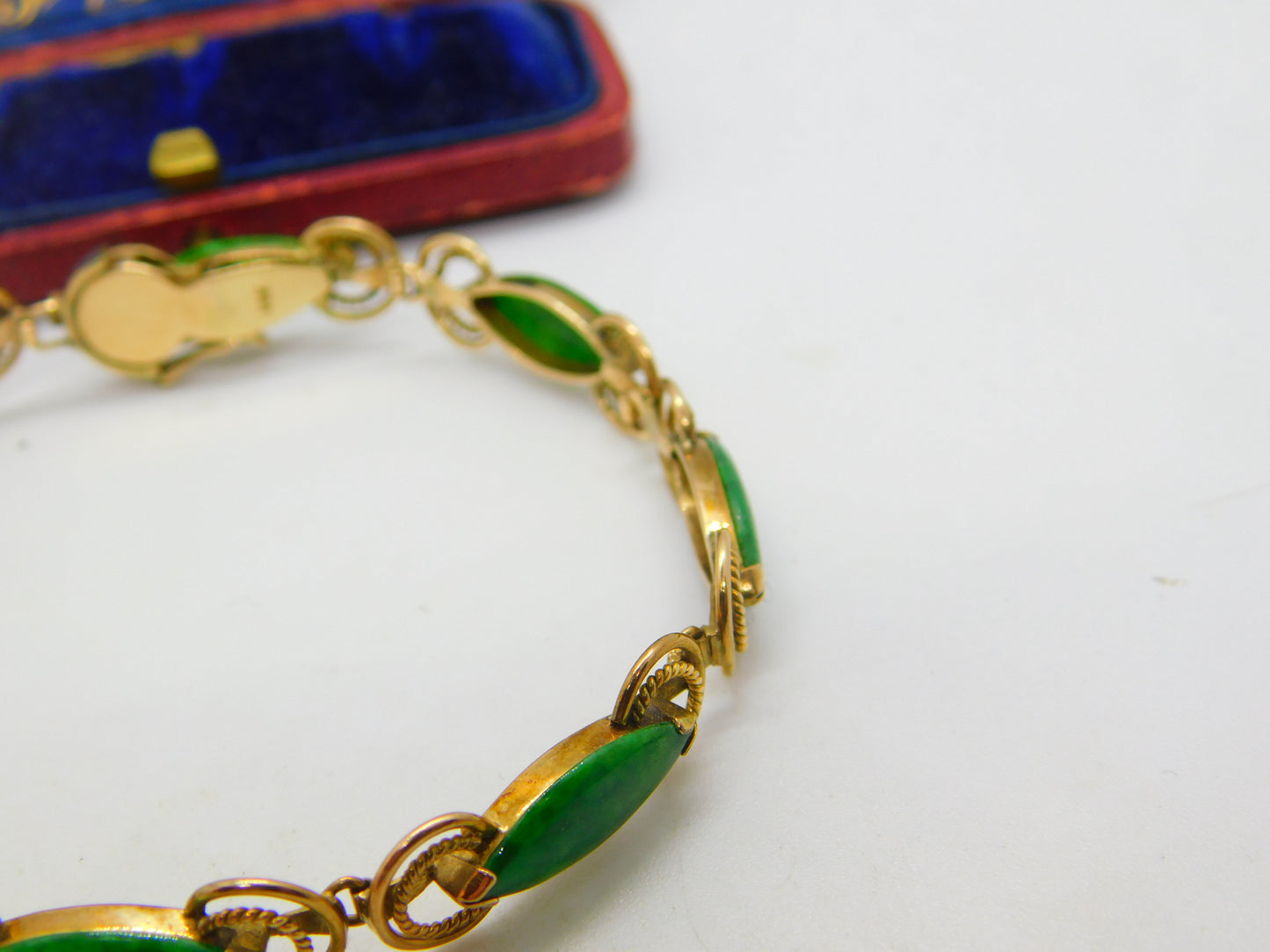 14ct Yellow Gold & Green Jade Set Rope Form Panel Bracelet Antique c1940