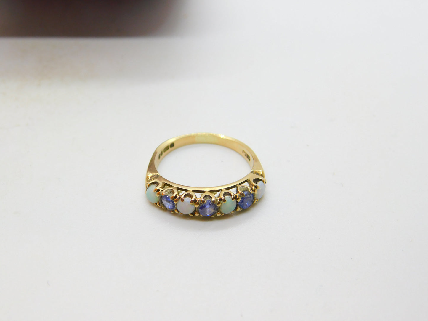 9ct Yellow Gold, Amethyst & Opal Half Eternity Ring Vintage 1978 London