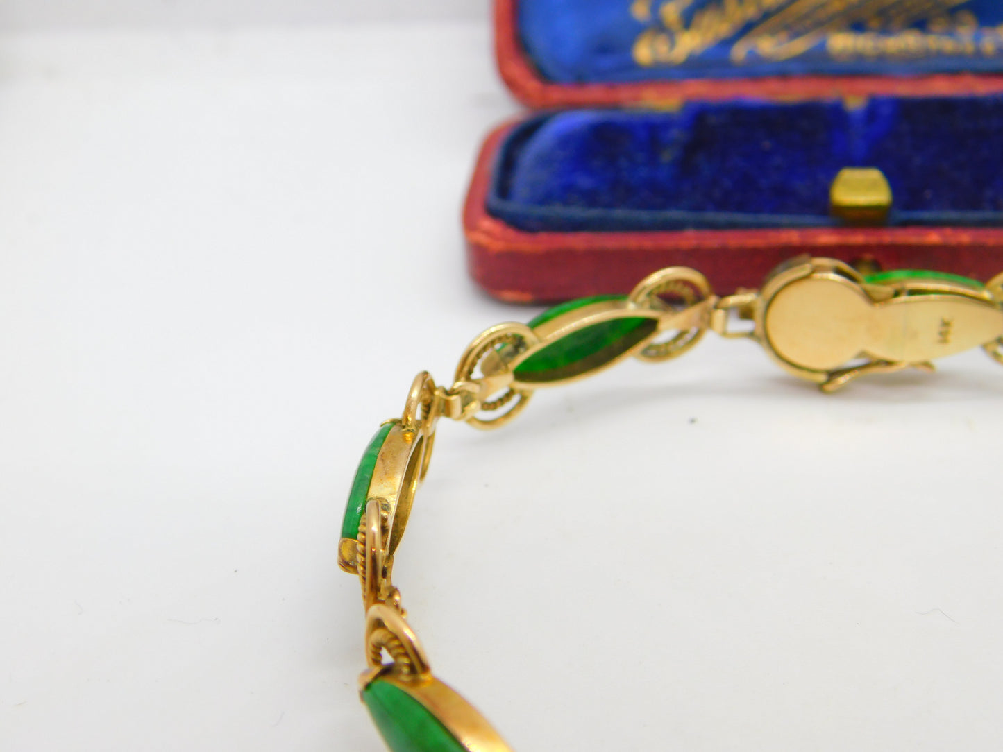 14ct Yellow Gold & Green Jade Set Rope Form Panel Bracelet Antique c1940