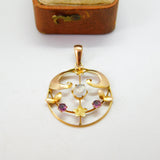 Edwardian 9ct Yellow Gold, Moonstone & Amethyst Lavalier Drop Pendant c1910