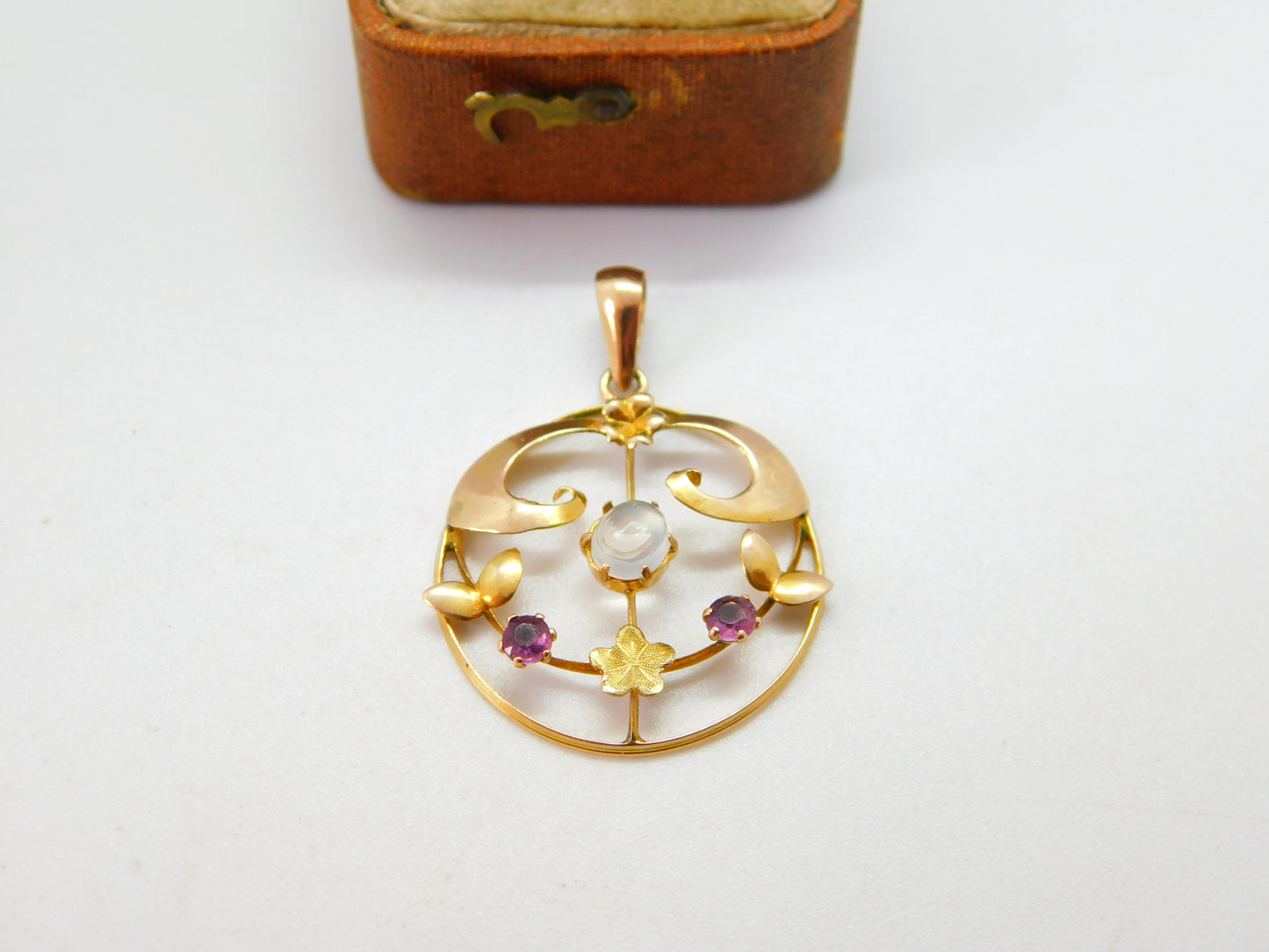 Edwardian 9ct Yellow Gold, Moonstone & Amethyst Lavalier Drop Pendant c1910