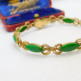 14ct Yellow Gold & Green Jade Set Rope Form Panel Bracelet Antique c1940