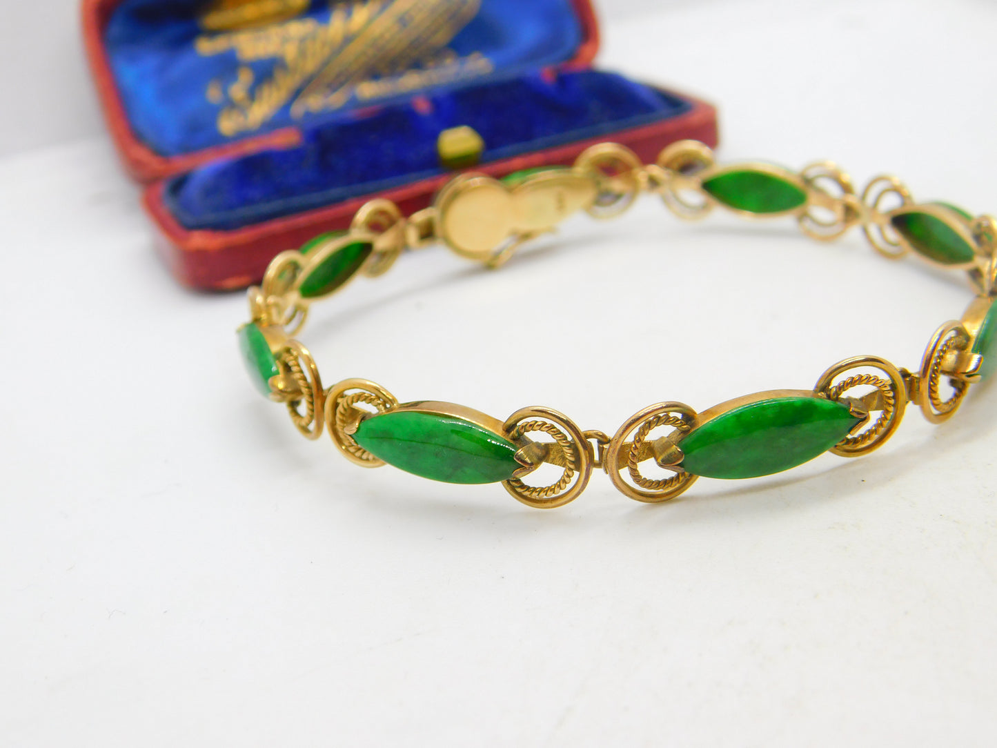 14ct Yellow Gold & Green Jade Set Rope Form Panel Bracelet Antique c1940