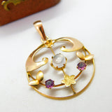Edwardian 9ct Yellow Gold, Moonstone & Amethyst Lavalier Drop Pendant c1910