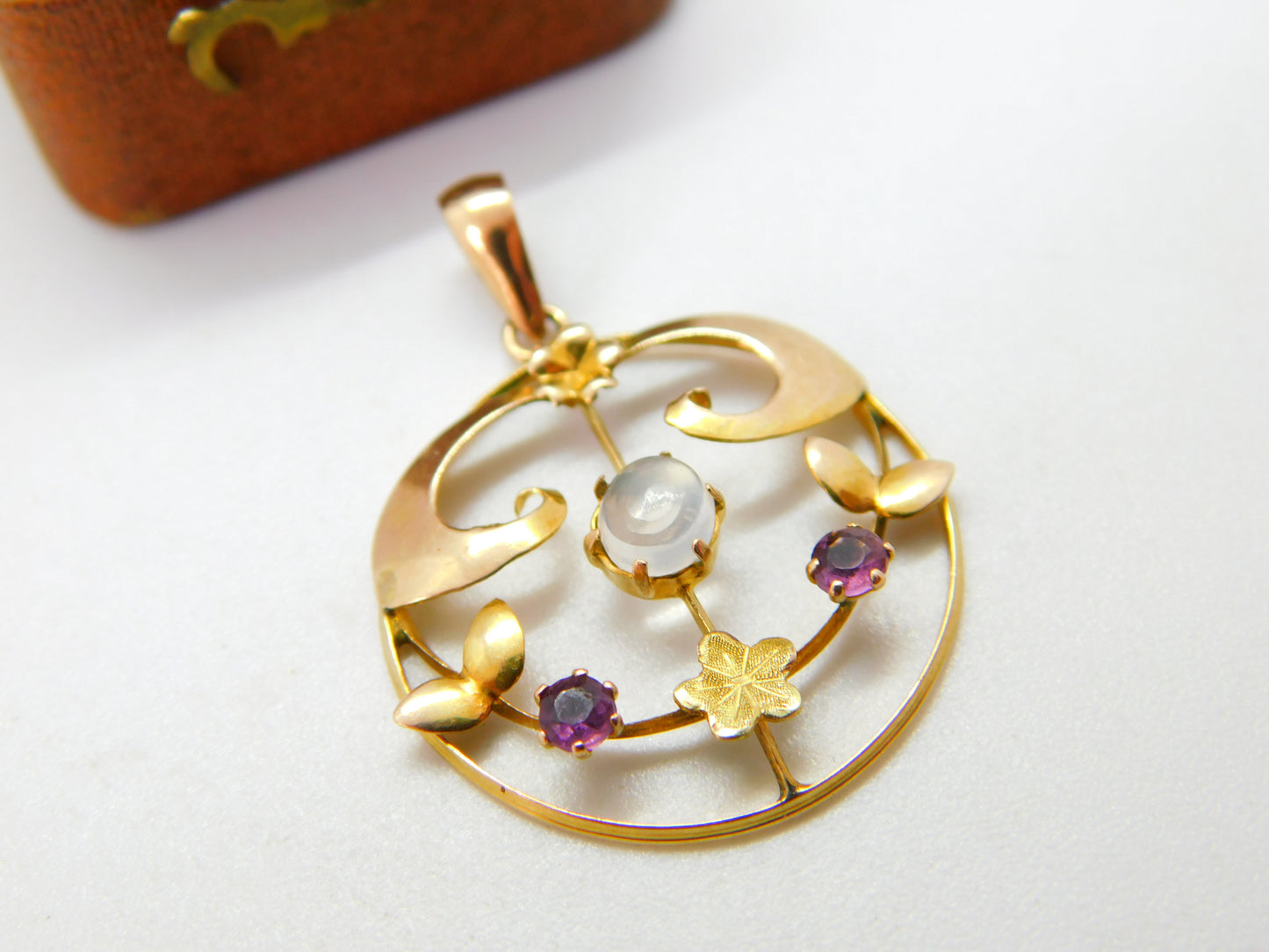 Edwardian 9ct Yellow Gold, Moonstone & Amethyst Lavalier Drop Pendant c1910