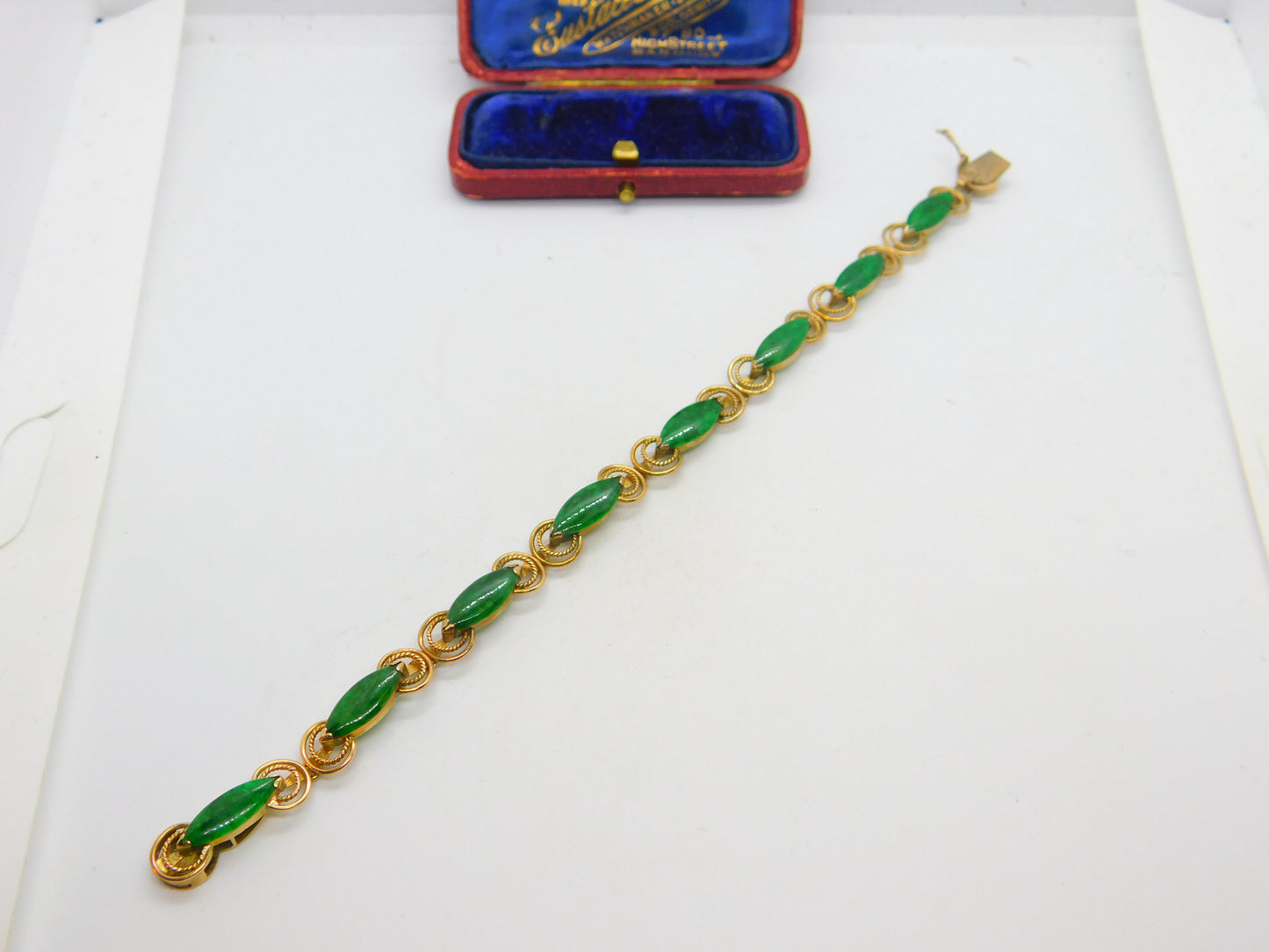 14ct Yellow Gold & Green Jade Set Rope Form Panel Bracelet Antique c1940