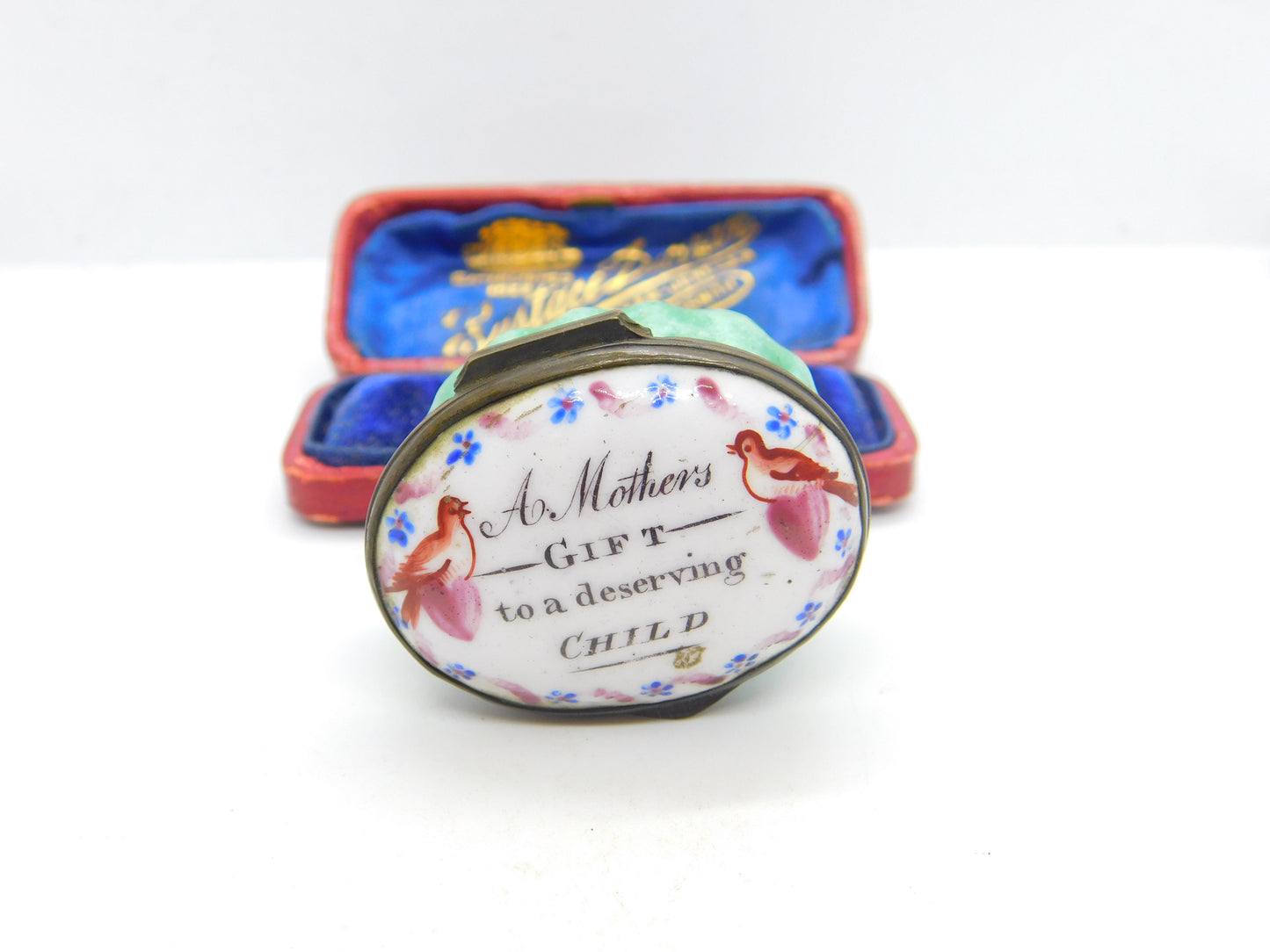 Georgian Bilston Enamel 'A Mothers Gift to a deserving Child' Patch Box c1780