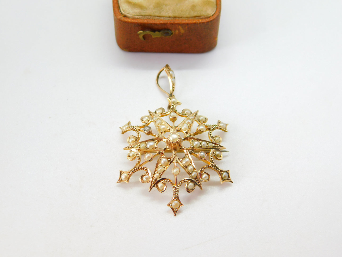 Edwardian 9ct Yellow Gold Seed Pearl Set Starburst Drop Pendant c1910 Antique