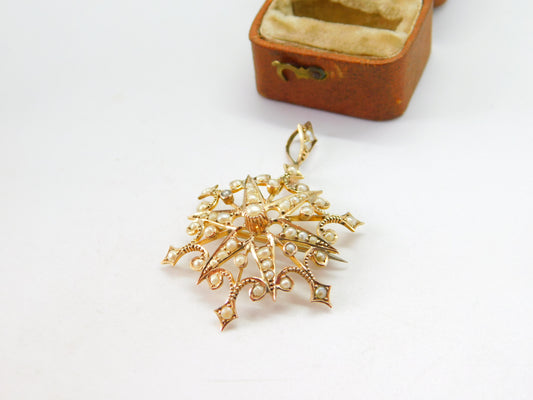 Edwardian 9ct Yellow Gold Seed Pearl Set Starburst Drop Pendant c1910 Antique