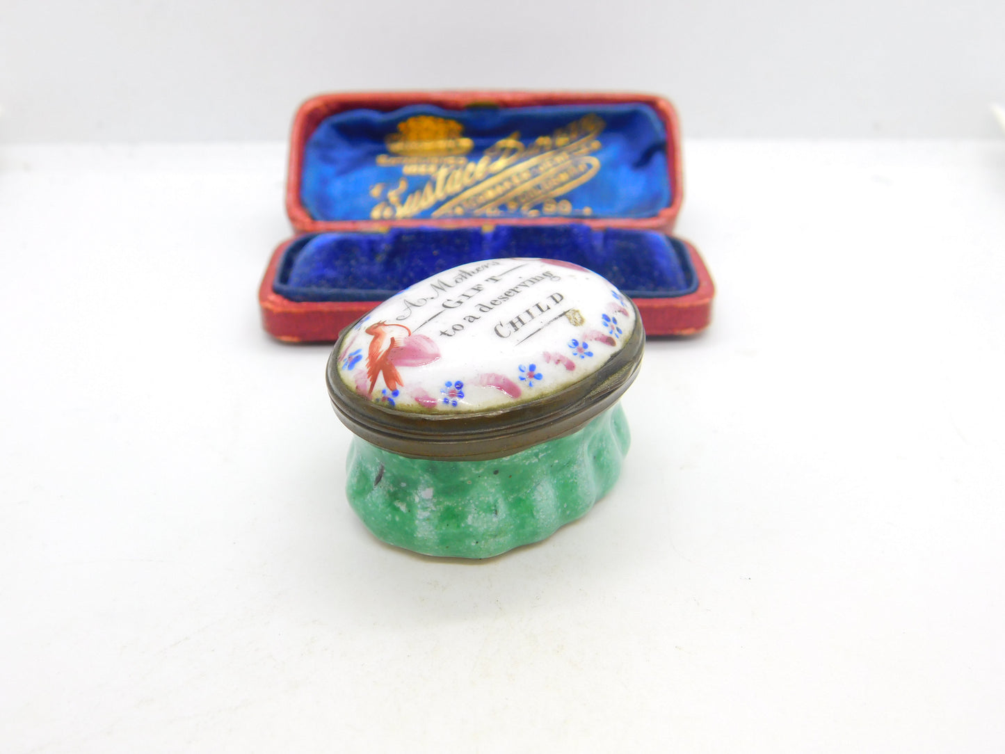 Georgian Bilston Enamel 'A Mothers Gift to a deserving Child' Patch Box c1780