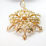 Edwardian 9ct Yellow Gold Seed Pearl Set Starburst Drop Pendant c1910 Antique
