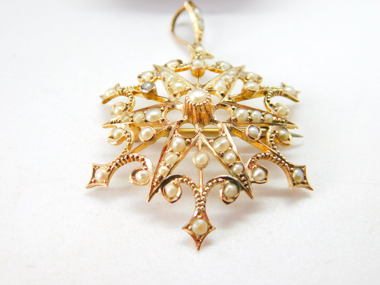 Edwardian 9ct Yellow Gold Seed Pearl Set Starburst Drop Pendant c1910 Antique