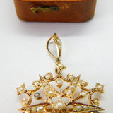 Edwardian 9ct Yellow Gold Seed Pearl Set Starburst Drop Pendant c1910 Antique