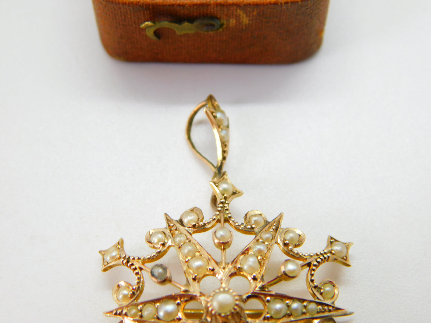 Edwardian 9ct Yellow Gold Seed Pearl Set Starburst Drop Pendant c1910 Antique