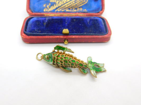 Sterling Silver Gilt & Colourful Enamel Flapping Fish Large Pendant Mid-Century