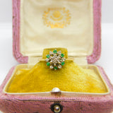 18ct Yellow Gold, Emerald & Diamond Floral Cluster Ring 1973 Birmingham Vintage