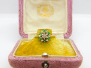 18ct Yellow Gold, Emerald & Diamond Floral Cluster Ring 1973 Birmingham Vintage