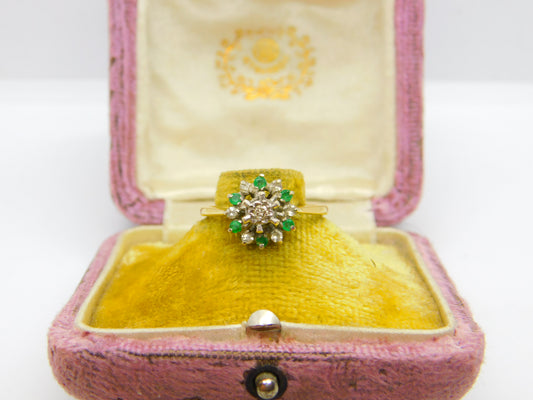 18ct Yellow Gold, Emerald & Diamond Floral Cluster Ring 1973 Birmingham Vintage