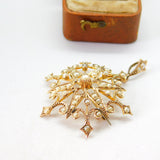 Edwardian 9ct Yellow Gold Seed Pearl Set Starburst Drop Pendant c1910 Antique