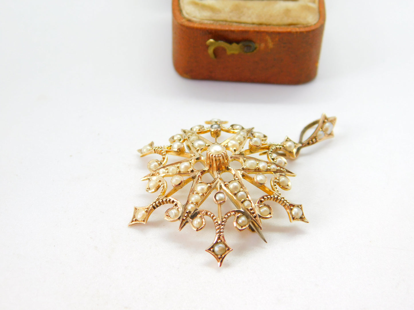 Edwardian 9ct Yellow Gold Seed Pearl Set Starburst Drop Pendant c1910 Antique