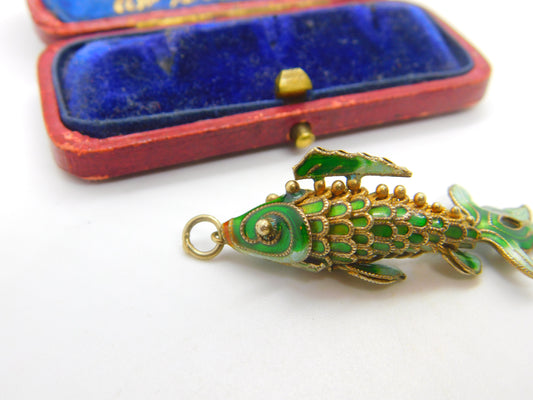 Sterling Silver Gilt & Colourful Enamel Flapping Fish Large Pendant Mid-Century