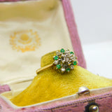 18ct Yellow Gold, Emerald & Diamond Floral Cluster Ring 1973 Birmingham Vintage