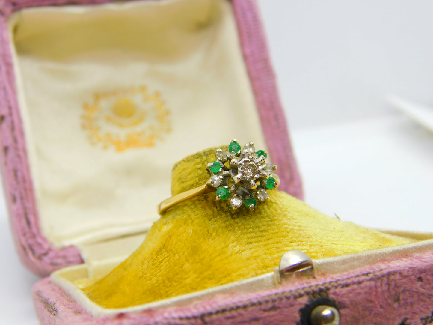 18ct Yellow Gold, Emerald & Diamond Floral Cluster Ring 1973 Birmingham Vintage