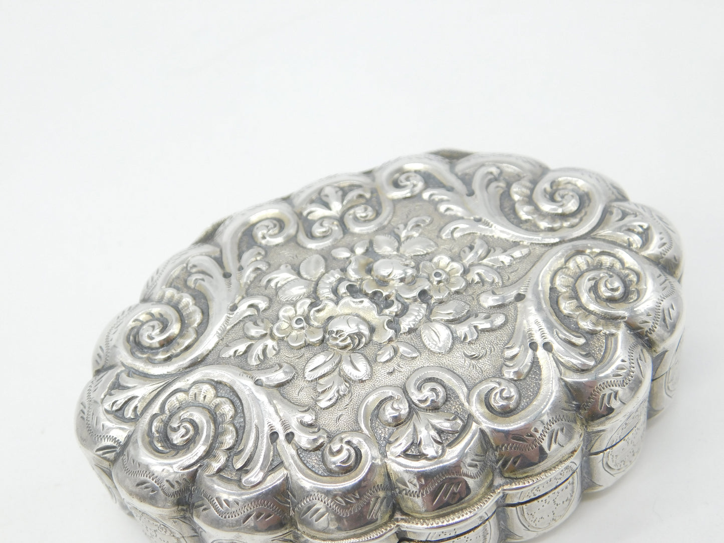 19th Century French Sterling Silver Decorated Floral Snuff Box Antique c1860