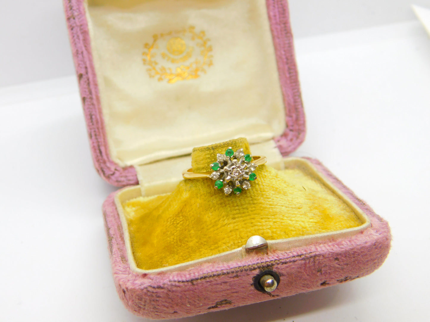 18ct Yellow Gold, Emerald & Diamond Floral Cluster Ring 1973 Birmingham Vintage