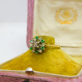 18ct Yellow Gold, Emerald & Diamond Floral Cluster Ring 1973 Birmingham Vintage
