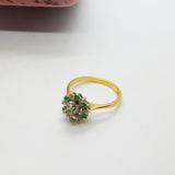18ct Yellow Gold, Emerald & Diamond Floral Cluster Ring 1973 Birmingham Vintage