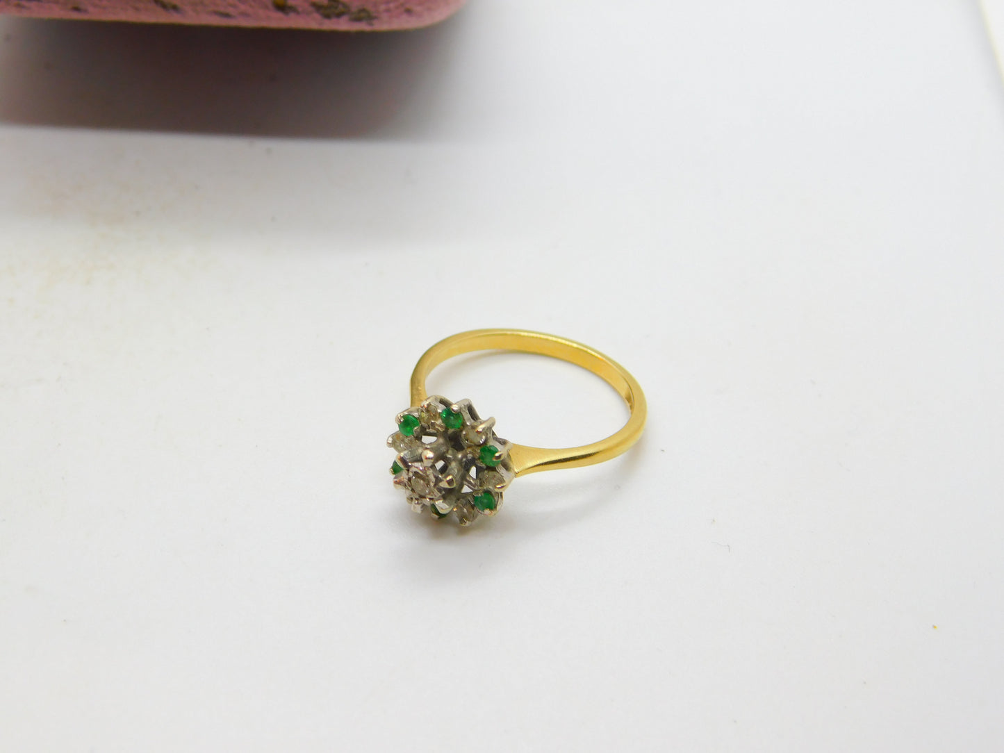 18ct Yellow Gold, Emerald & Diamond Floral Cluster Ring 1973 Birmingham Vintage