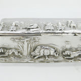 Scottish Victorian Sterling Silver Boar Hunt Scene Jewellery Box Antique 1883 Edinburgh