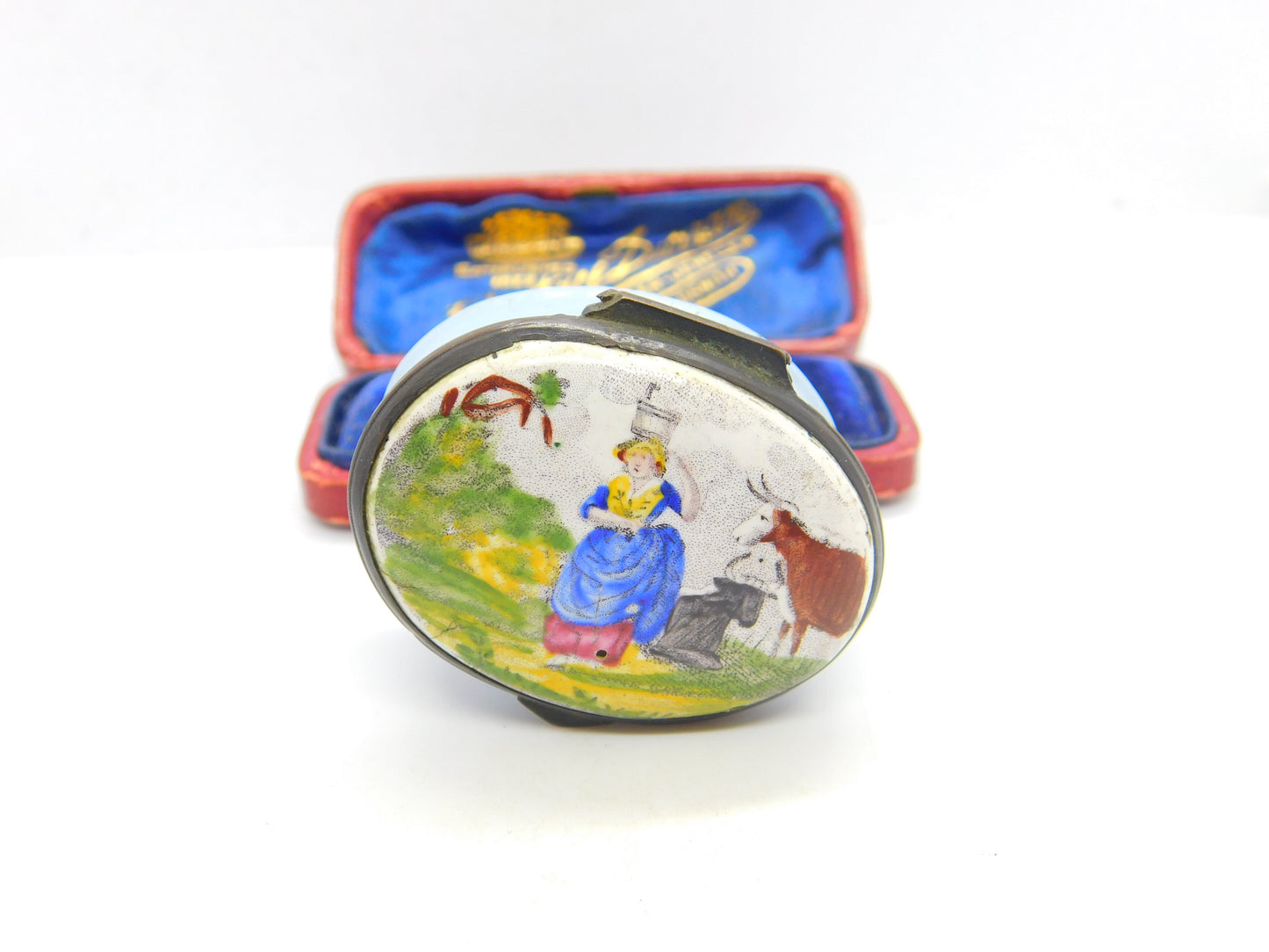 Georgian Biltson Colourful Enamel Milkmaid with Cows Patch Box Antique c1780