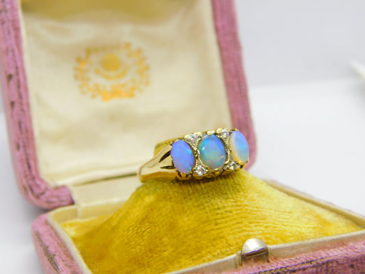 9ct Yellow Gold, Water Opal & White Spinel Victorian Style Boat Ring 1962