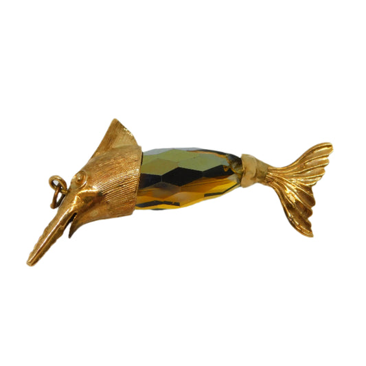 9ct Yellow Gold Citrine Glass Large Swordfish Charm Pendant Vintage 1981 London