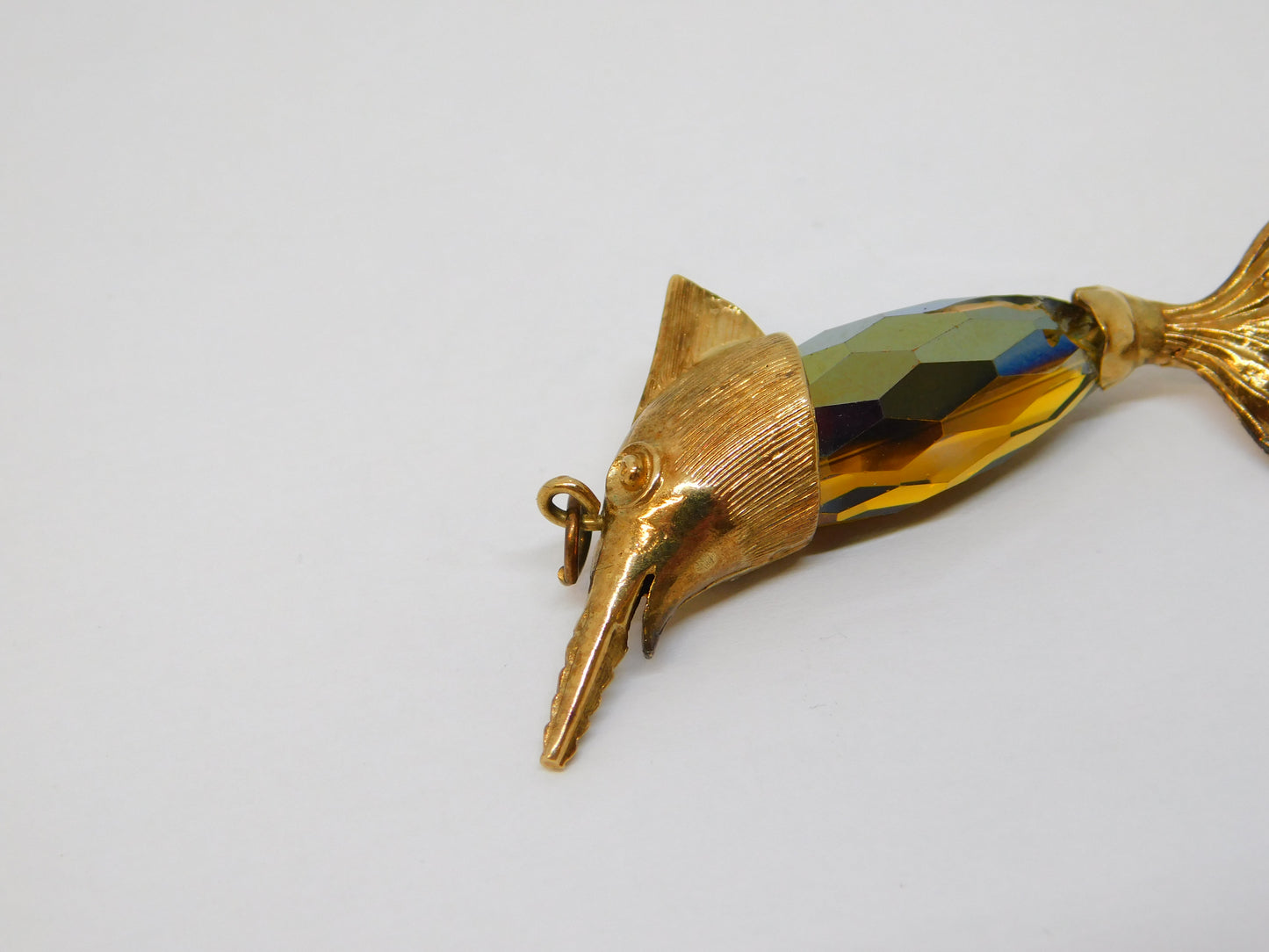 9ct Yellow Gold Citrine Glass Large Swordfish Charm Pendant Vintage 1981 London