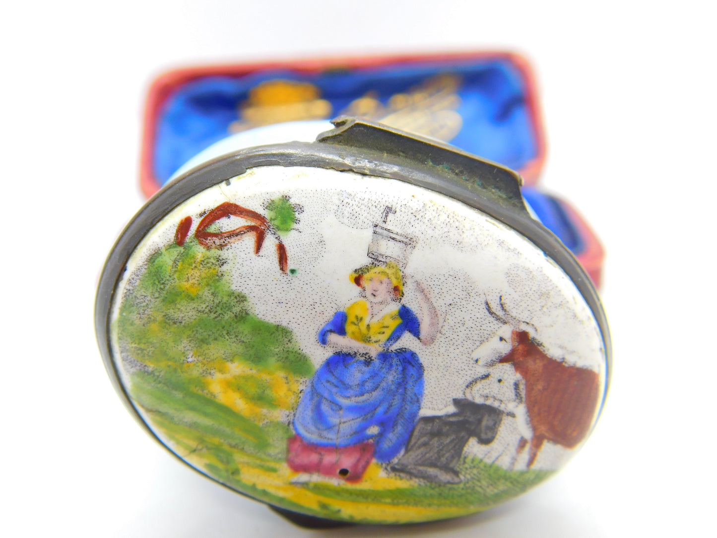 Georgian Biltson Colourful Enamel Milkmaid with Cows Patch Box Antique c1780