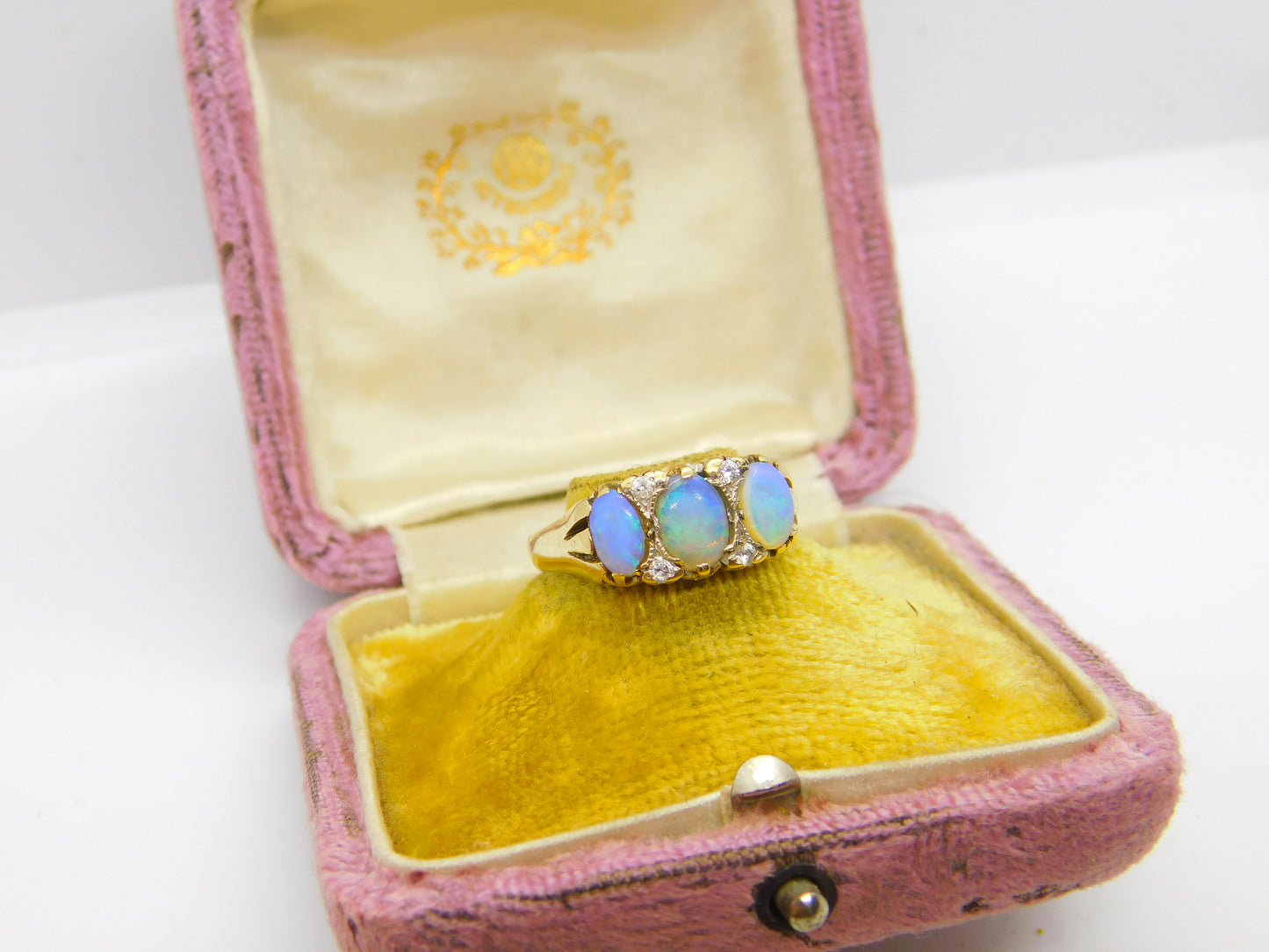 9ct Yellow Gold, Water Opal & White Spinel Victorian Style Boat Ring 1962