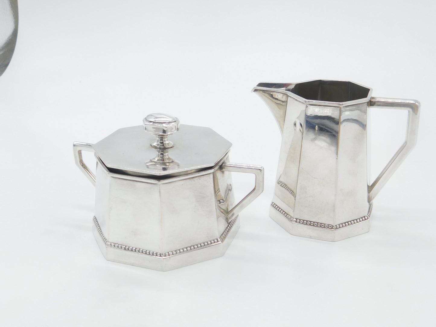 German .800 Silver Lidded Sugar Bowl & Cream Jug Modernist Antique c1900