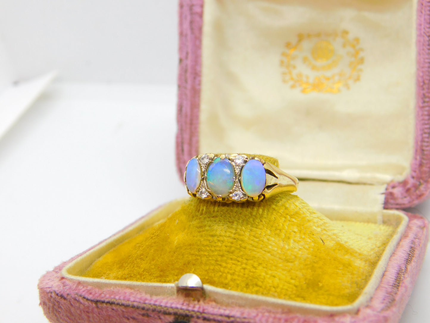 9ct Yellow Gold, Water Opal & White Spinel Victorian Style Boat Ring 1962