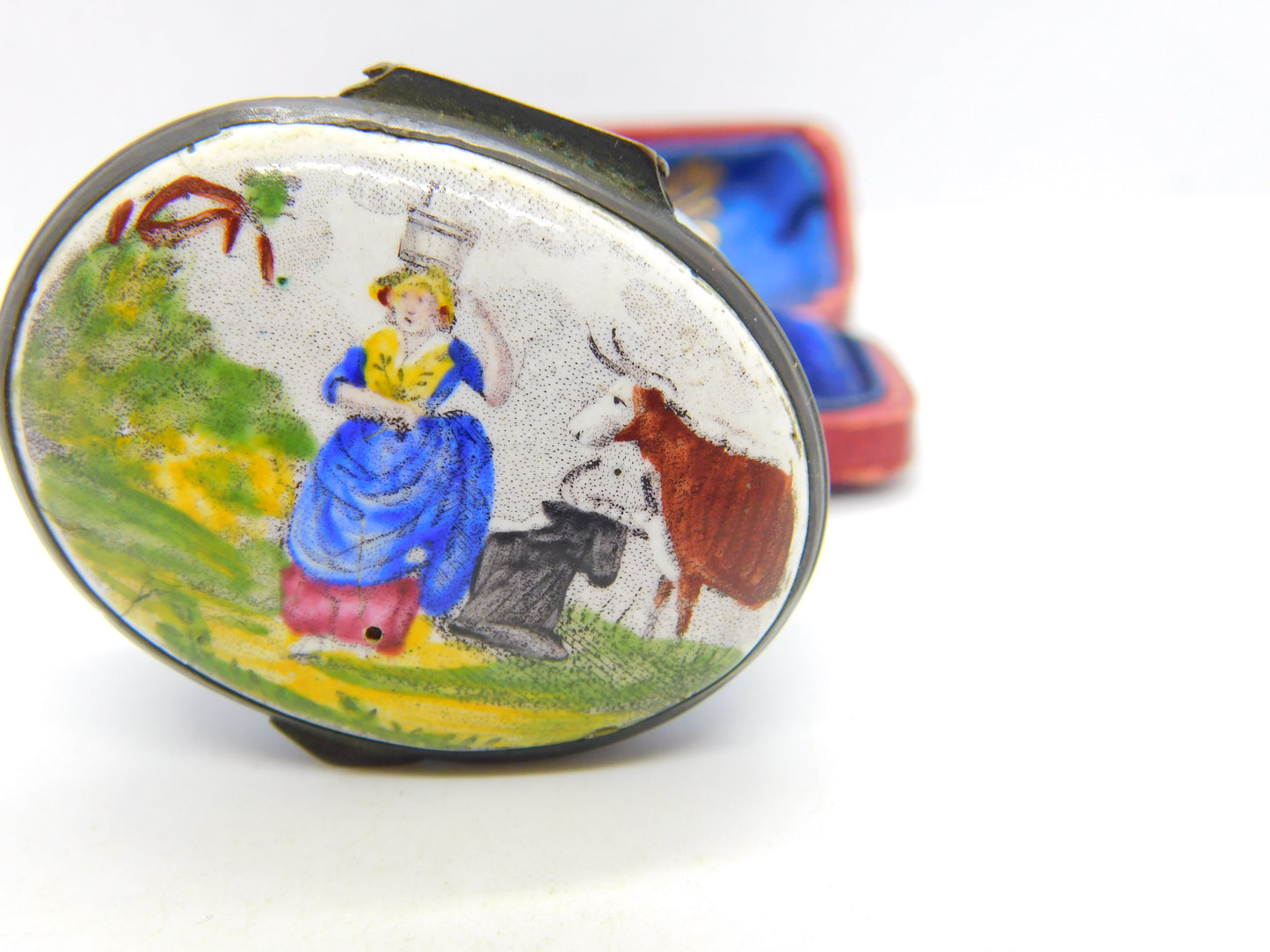 Georgian Biltson Colourful Enamel Milkmaid with Cows Patch Box Antique c1780