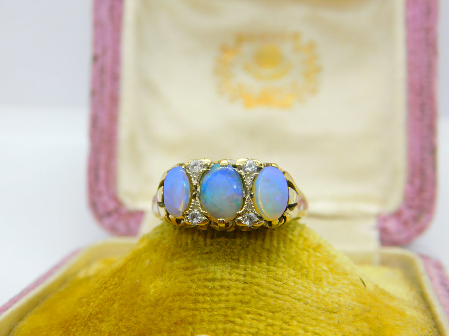 9ct Yellow Gold, Water Opal & White Spinel Victorian Style Boat Ring 1962