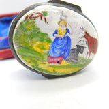 Georgian Biltson Colourful Enamel Milkmaid with Cows Patch Box Antique c1780