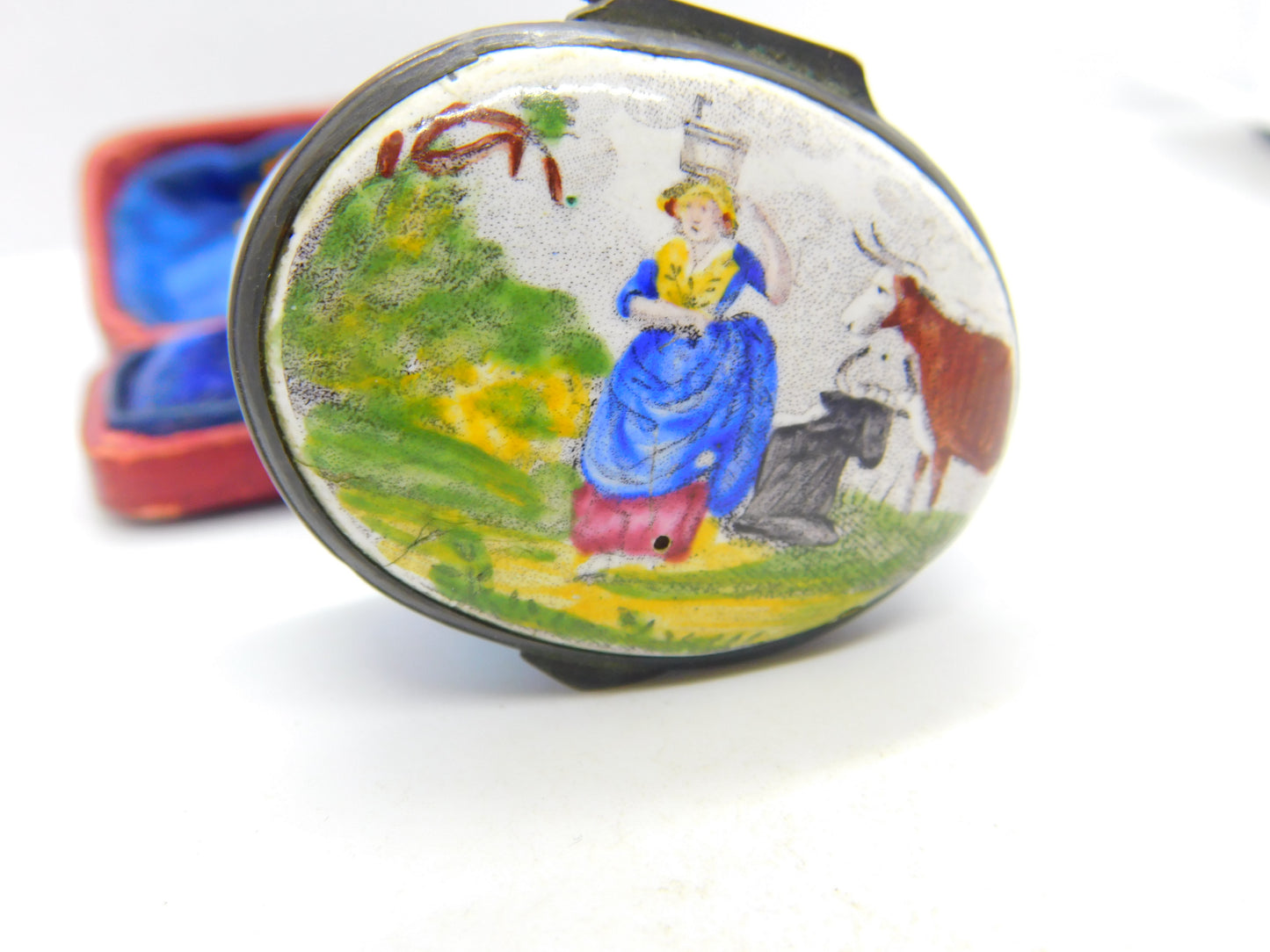 Georgian Biltson Colourful Enamel Milkmaid with Cows Patch Box Antique c1780