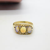 9ct Yellow Gold, Water Opal & White Spinel Victorian Style Boat Ring 1962
