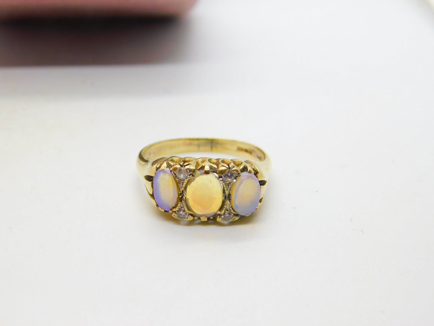 9ct Yellow Gold, Water Opal & White Spinel Victorian Style Boat Ring 1962