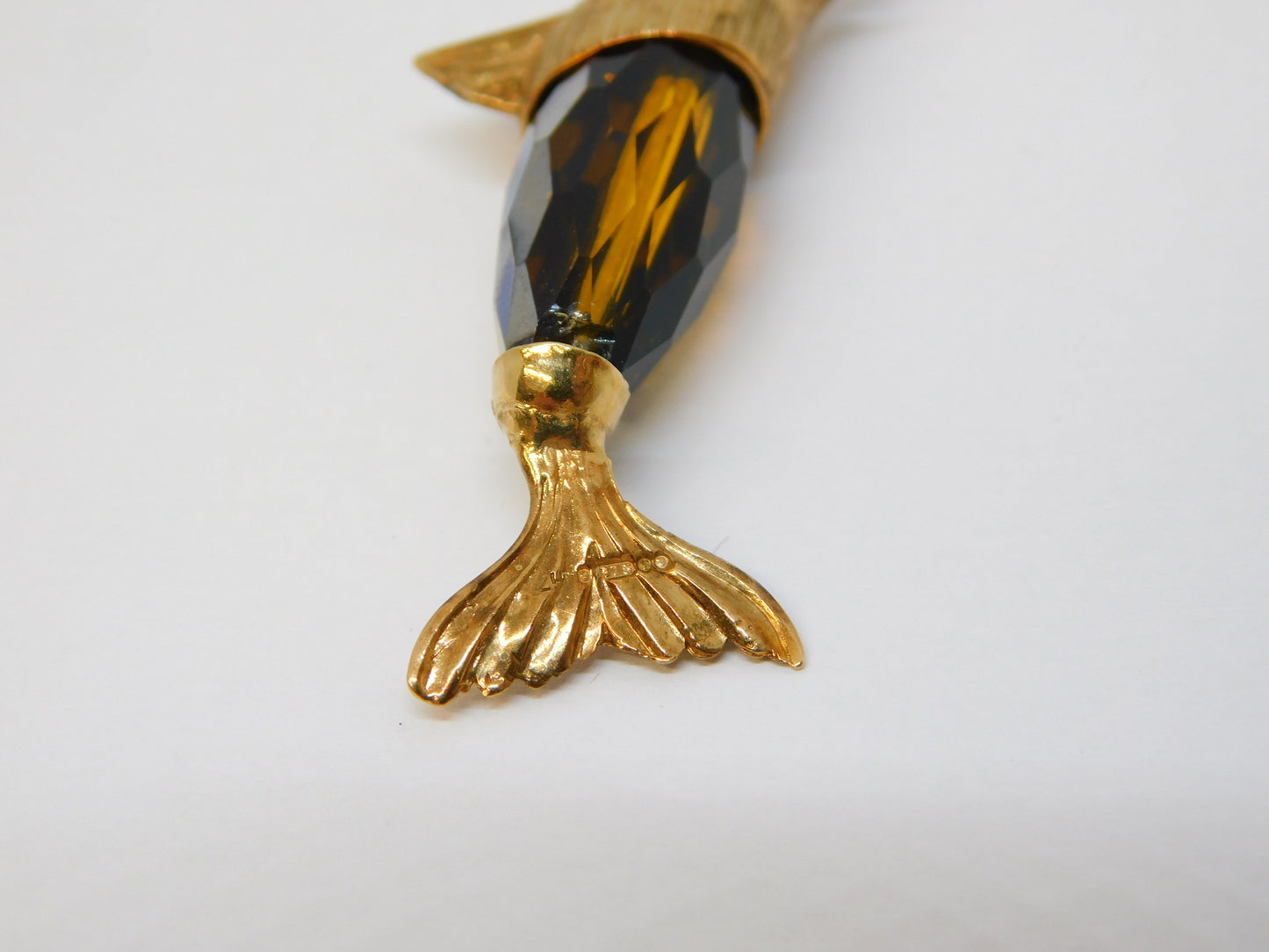 9ct Yellow Gold Citrine Glass Large Swordfish Charm Pendant Vintage 1981 London